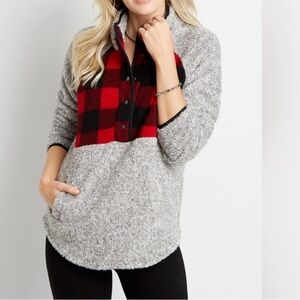 Gray Buffalo Plaid Yoke Snap Front Sherpa Pullover Sweatshirt